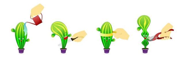 Cartoon cacti. Cactus care. Cacti characters in pots. Funny characters pose with different emotions. Vector illustration