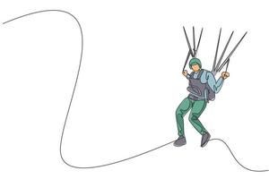 One continuous line drawing of young bravery man flying in the sky using paragliding parachute. Outdoor dangerous extreme sport concept. Dynamic single line draw design graphic vector illustration