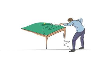 One continuous line drawing of young handsome man focus aiming before hit the pool billiard balls with stick. Tournament indoor sport game concept. Dynamic single line draw design vector illustration