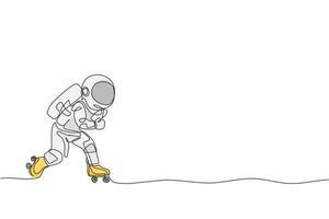 One continuous line drawing of astronaut using roller skates on moon surface, deep space galaxy. Spaceman healthy fitness sport concept. Dynamic single line draw design vector graphic illustration