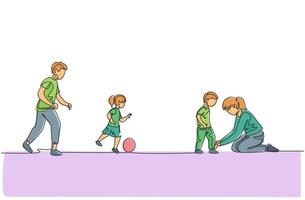 dibujo de una sola línea de papá joven jugando al fútbol con la hija en el campo mientras mamá ata los cordones de los zapatos del hijo ilustración vectorial. concepto de crianza de los hijos de familia feliz. diseño moderno de dibujo de línea continua vector