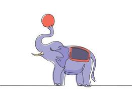 El dibujo de una sola línea de un elefante está de pie jugando una pelota al final de su trompa. el público del circo quedó asombrado con el espectáculo. Ilustración de vector gráfico de diseño de dibujo de línea continua moderna.