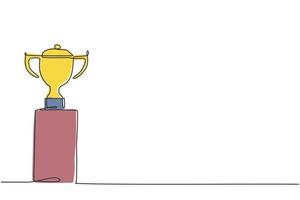 Single one line drawing of gold winning trophy on podium. Tournament champion achievement appreciation minimal concept. Modern continuous line draw design graphic vector illustration