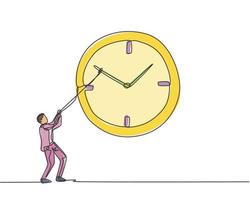 Continuous one line drawing young male worker pulling clockwise of big analog wall clock with rope. Time management business minimalist concept. Single line draw design vector graphic illustration