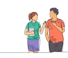 un dibujo de línea continua de una pareja joven y feliz de hombres y mujeres que toman una charla y caminan después del curso. concepto de relación de amante romántico. Gráfico moderno del ejemplo del vector del diseño del sorteo de una sola línea