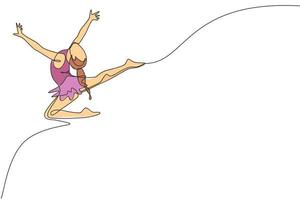 One continuous line drawing of rhythmic motion young beauty gymnast girl. Floor exercise performer in leotard. Healthy active sport dance concept. Dynamic single line draw design vector illustration