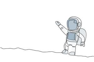 One continuous line drawing of young astronaut scientist exploring outer space in retro style. Spaceman cosmos discovery concept. Dynamic single line graphic draw design vector illustration