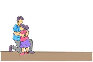 One single line drawing of young happy father hugging his lovely daughter full of warmth at school vector illustration. Parenting education concept. Modern continuous line graphic draw design