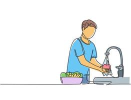 dibujo de una sola línea continua un hombre lava las frutas en el fregadero de los gérmenes que se adhieren para limpiar. Limpiar con agua para que sea higiénico. Ilustración de vector de diseño gráfico de dibujo dinámico de una línea.