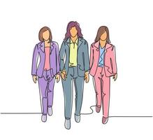 One continuous line drawing of young female managers walking together neatly in a row in city street go to office. Urban commuter workers concept single line draw design graphic vector illustration