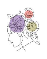 un dibujo de arte de línea continua retrato de mujer minimalista con flores. concepto de diseño de impresión de arte de pared de cartel de cara abstracta de contorno de belleza. Ilustración de vector gráfico de diseño de dibujo de línea única dinámica