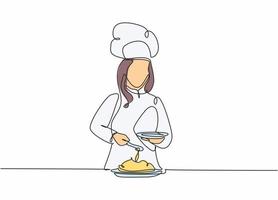 dibujo de línea continua única de joven chef mujer feliz vertiendo salsa en el plato principal para servir al cliente. preparación de alimentos saludables concepto de diseño de dibujo de una línea vector ilustración de minimalismo