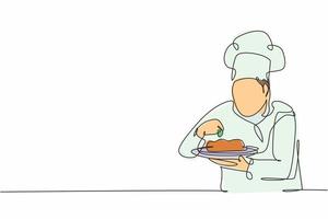 Continuous one line drawing of young confident handsome male chef sparkling salt and pepper to main dish before serving to customer. Food concept single line draw graphic design vector illustration