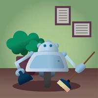 Cute robot machine cleaning floor with broom Vector illustration