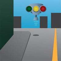 Flying traffic light robot on an empty street Vector illustration