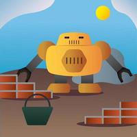 Yellow giant robot building a wall with bricks Vector illustration