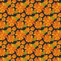 naranja, amarillo margarita, manzanilla flores en oscuro antecedentes. boho estilo vistoso floral sin costura modelo en años 70, hippie, y maravilloso estética. vistoso retro diseño para imprimir, Moda propósitos vector