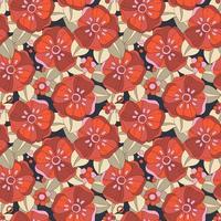 Vector seamless pattern inspired by the floral, hippie, and groovy aesthetics of the 60s and 70s. Red flowers on dark background. Colorful retro design for any purposes. Psychedelic wallpaper design