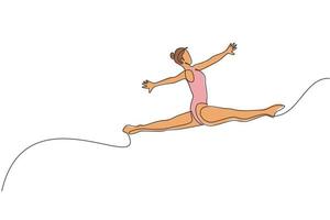 uno continuo línea dibujo de rítmico movimiento joven belleza gimnasta muchacha. piso ejercicio ejecutante en leotardo. sano activo deporte danza concepto. dinámica soltero línea dibujar diseño vector ilustración