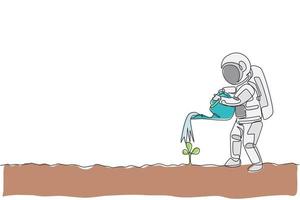 One single line drawing of astronaut watering plant tree using metal watering can in moon surface graphic vector illustration. Outer space farming concept. Modern continuous line draw design