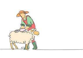 dibujo continuo de una línea, un joven agricultor cortaba con cuidado el vellón con unas tijeras. concepto minimalista de desafío agrícola exitoso. Ilustración gráfica de vector de diseño de dibujo de una sola línea.