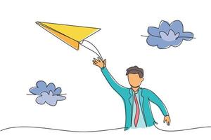 Single continuous line drawing of young business man flies paper airplane into the sky. Professional businessman, metaphor concept. Minimalism dynamic one line draw. Graphic design vector illustration