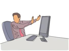 One continuous line drawing of young frightened businessman keep of himself from monitor computer because of traumatize. Work psychological concept single line draw design graphic vector illustration