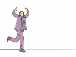 One continuous single line drawing of young happy businessman fist his hand to the air after running cross the finish line. Business race concept single line draw design vector illustration