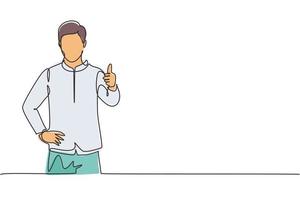 Single one line drawing of hotel doorman in a very neat uniform poses with a thumbs up. Serve guests with a friendly and warm manner. Modern continuous line draw design graphic vector illustration.
