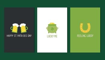 Set of minimalistic poscards or posters fo st patricks day with beer,pot of gold and horseshoe vector