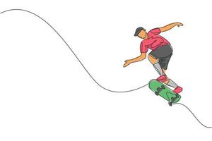 One continuous line drawing of young cool skateboarder man riding skateboard and jumping to do a trick in skatepark. Extreme teenager sport concept. Dynamic single line draw design vector illustration