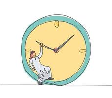 Continuous one line drawing young Arab male worker hanging on clockwise of giant analog clock. Business time discipline metaphor concept. Single line draw design vector graphic illustration.