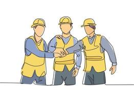 One line drawing of young builder and architect wearing construction vest and helmet handshake joining their hands together. Great teamwork concept. Continuous line drawing vector graphic illustration