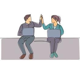 One line drawing of young happy couple business man and business woman opening their laptop and giving high five gestures. Business teamwork concept. Continuous line draw design vector illustration