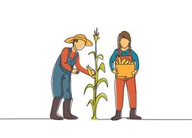 Single one line drawing of young couple farmer picking the corn on the tree and bring a basket. Farming challenge minimalist concept. Modern continuous line draw design graphic vector illustration.