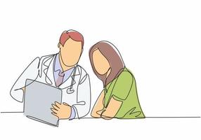 One continuous line drawing of young male doctor giving consultation session to female patient while reading medical record. Hospital health care concept single line draw design vector illustration