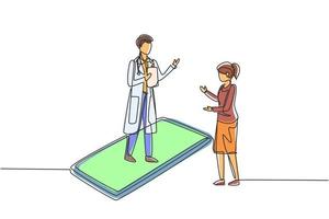 Single one line drawing male doctor standing on smartphone, in front of his standing female patient. Online medical consultation concept. Modern continuous line draw design graphic vector illustration