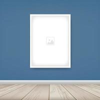 Photo frame or picture frame on blue wall background with wooden floor. Vector illustration.