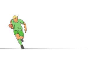 dibujo de una sola línea continua de un joven jugador de rugby ágil corriendo para evitar al rival. concepto de deporte competitivo. ilustración vectorial de diseño de dibujo de una línea de moda para los medios de promoción del torneo de rugby vector