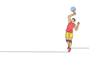 soltero continuo línea dibujo de masculino joven vóleibol atleta jugador en acción servir el pelota en corte. equipo deporte concepto. competencia juego. de moda uno línea dibujar diseño vector gráfico ilustración