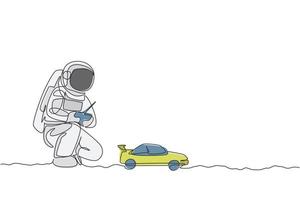 One single line drawing of astronaut playing race car radio control in moon land vector illustration graphic. Doing hobby while leisure time in deep space concept. Modern continuous line draw design