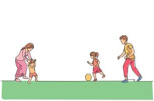 One single line drawing of young father playing soccer with daughter while mother teaching son to walk at field vector illustration. Happy family parenting concept. Modern continuous line draw design