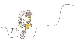 One continuous line drawing astronaut with spacesuit playing saxophone in galaxy universe. Outer space music concert and orchestra concept. Dynamic single line draw design graphic vector illustration