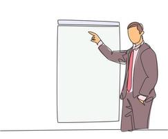 Single continuous line drawing of young business coach pointing finger to the screen board while coaching in front of class. Business coaching concept one line draw design vector graphic illustration