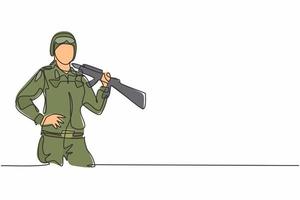 Single one line drawing of young brave female soldier posing with hands on hip. Professional work profession and occupation minimal concept. Continuous line draw design graphic vector illustration