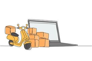 Single continuous line drawing giant laptop standing in front of courier scooter and pile of package boxes. Online delivery service concept. Dynamic one line draw graphic design vector illustration