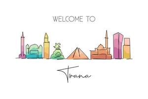 One continuous line drawing of Tirana city skyline, Albania. Beautiful landmark. World landscape tourism and travel vacation poster. Editable stylish stroke single line draw design vector illustration