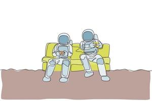 One single line drawing two young happy astronauts siting on sofa and playing video game in moon surface graphic vector illustration. Cosmonaut outer space concept. Modern continuous line draw design