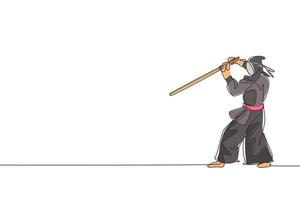 un dibujo de una sola línea joven enérgico ejercicio defensa movimiento kendo con espada de madera en el centro de gimnasio ilustración vectorial gráfica. concepto de deporte de lucha combativa. diseño moderno de dibujo de línea continua vector