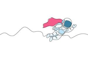 One single line drawing of space man astronaut exploring cosmic galaxy, flying with wing suit vector graphic illustration. Fantasy outer space life fiction concept. Modern continuous line draw design